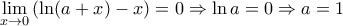 \underset{x\to 0}{\mathop{\lim }}\,(\ln (a+x)-x)=0\Rightarrow \ln a=0\Rightarrow a=1