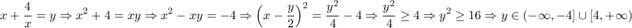 \displaystyle{x+\frac{4}{x}=y\Rightarrow x^2+4=xy\Rightarrow x^2-xy=-4\Rightarrow \left(x-\frac{y}{2}\right)^2=\frac{y^2}{4}-4\Rightarrow \frac{y^2}{4}\geq 4\Rightarrow y^2\geq 16 \Rightarrow y\in\left(-\infty,-4\right]\cup\left[4,+\infty\right)}