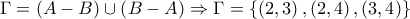 \Gamma  = \left( {A - B} \right) \cup \left( {B - A} \right) \Rightarrow \Gamma  = \left\{ {\left( {2,3} \right),\left( {2,4} \right),\left( {3,4} \right)} \right\}