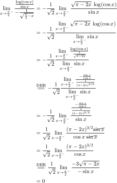 \begin{aligned} 
\mathop{\lim}\limits_{x\to {\frac{\pi}{2}}^{-}}\frac{\frac{\log(\cos{x})}{\sin{x}}}{-\frac{1}{\sqrt{\frac{\pi}{2}-x}}}&=-\frac{1}{\sqrt{2}}\mathop{\lim}\limits_{x\to {\frac{\pi}{2}}^{-}}\frac{\sqrt{\pi-2x}\;\log(\cos{x})}{\sin{x}}\\ 
&=-\frac{1}{\sqrt{2}}\frac{\mathop{\lim}\limits_{x\to {\frac{\pi}{2}}^{-}}\sqrt{\pi-2x}\;\log(\cos{x})}{\mathop{\lim}\limits_{x\to {\frac{\pi}{2}}^{-}}\sin{x}}\\ 
&=-\frac{1}{\sqrt{2}}\frac{\mathop{\lim}\limits_{x\to {\frac{\pi}{2}}^{-}}\frac{\log(\cos{x})}{\frac{1}{\sqrt{\pi-2x}}}}{\mathop{\lim}\limits_{x\to {\frac{\pi}{2}}^{-}}\sin{x}}\\ 
&\stackrel{\rm{DHR}}{=\!=}-\frac{1}{\sqrt{2}}\frac{\mathop{\lim}\limits_{x\to {\frac{\pi}{2}}^{-}}\frac{-\frac{\sin{x}}{\cos{x}}}{\frac{1}{(\pi-2x)^{3/2}}}}{\mathop{\lim}\limits_{x\to {\frac{\pi}{2}}^{-}}\sin{x}}\\ 
&=-\frac{1}{\sqrt{2}}\mathop{\lim}\limits_{x\to {\frac{\pi}{2}}^{-}}\frac{\frac{-\frac{\sin{x}}{\cos{x}}}{\frac{1}{(\pi-2x)^{3/2}}}}{\sin{x}}\\ 
&=\frac{1}{\sqrt{2}}\mathop{\lim}\limits_{x\to {\frac{\pi}{2}}^{-}}\frac{(\pi-2x)^{3/2}\cancel{\sin{x}}}{\cos{x}\;\cancel{\sin{x}}}\\ 
&=\frac{1}{\sqrt{2}}\mathop{\lim}\limits_{x\to {\frac{\pi}{2}}^{-}}\frac{(\pi-2x)^{3/2}}{\cos{x}}\\ 
&\stackrel{\rm{DHR}}{=\!=}\frac{1}{\sqrt{2}}\mathop{\lim}\limits_{x\to {\frac{\pi}{2}}^{-}}\frac{-3\sqrt{\pi-2x}}{-\sin{x}}\\ 
 &=0 
 \end{aligned}