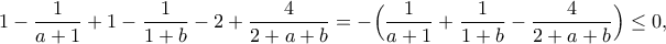 \displaystyle{1-\frac{1}{a+1}+1-\frac{1}{1+b}-2+\frac{4}{2+a+b}=-\Big(\frac{1}{a+1}+\frac{1}{1+b}-\frac{4}{2+a+b}\Big)\leq 0,} \displaystyle{1-\frac{1}{a+1}+1-\frac{1}{1+b}-2+\frac{4}{2+a+b}=-\Big(\frac{1}{a+1}+\frac{1}{1+b}-\frac{4}{2+a+b}\Big)\leq 0,}