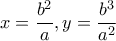 \displaystyle x = \frac{{{b^2}}}{a},y = \frac{{{b^3}}}{{{a^2}}} \displaystyle x = \frac{{{b^2}}}{a},y = \frac{{{b^3}}}{{{a^2}}}