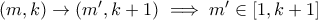 (m,k) \rightarrow (m{'},k+1) \implies m{'} \in [1,k+1]
