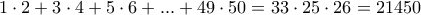 1\cdot2+3\cdot4+5\cdot6+...+49\cdot50=33\cdot25\cdot26=21450 1\cdot2+3\cdot4+5\cdot6+...+49\cdot50=33\cdot25\cdot26=21450