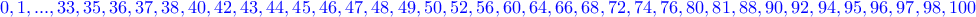 \displaystyle{\color{blue}0,1,...,33,35,36,37,38,40,42,43,44,45,46,47,48,49,50,52,56,60,64,66,68,72,74,76,80,81,88,90,92,94,95,96,97,98,100~~~~~\left(\frac{68}{101}\right)}