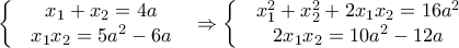 \left\{\begin{matrix} & x_1+x_2=4a & \\ & x_1x_2=5a^2-6a& \end{matrix}\right.\Rightarrow \left\{\begin{matrix} & x_1^2+x_2^2+2x_1x_2=16a^2 & \\ & 2x_1x_2=10a^2-12a & \end{matrix}\right.
