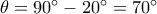 \theta  = {90^ \circ } - {20^ \circ } = {70^ \circ }