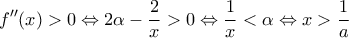 \displaystyle{f''(x)>0\Leftrightarrow 2\alpha-\frac{2}{x}>0\Leftrightarrow \frac{1}{x}<\alpha\Leftrightarrow x>\frac{1}{a}}