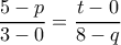 \displaystyle{ \dfrac {5-p}{3-0}= \dfrac {t-0}{8-q} }