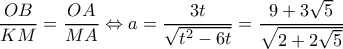  \displaystyle \frac{{OB}}{{KM}} = \frac{{OA}}{{MA}} \Leftrightarrow a = \frac{{3t}}{{\sqrt {{t^2} - 6t} }} = \frac{{9 + 3\sqrt 5 }}{{\sqrt {2 + 2\sqrt 5 } }}