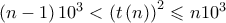 \left( {n - 1} \right){10^3} < {\left( {t\left( n \right)} \right)^2} \leqslant n{10^3}