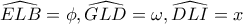 \widehat{ELB}=\phi, \widehat{GLD}=\omega, \widehat{DLI}=x