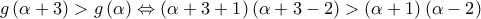 \displaystyle  
g\left( {\alpha  + 3} \right) > g\left( \alpha  \right) \Leftrightarrow \left( {\alpha  + 3 + 1} \right)\left( {\alpha  + 3 - 2} \right) > \left( {\alpha  + 1} \right)\left( {\alpha  - 2} \right)