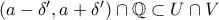 (a-\delta^\prime,a+\delta^\prime)\cap\mathbb{Q}\subset U\cap V