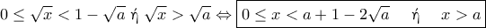 \displaystyle{
0 \le \sqrt{x} < 1 - \sqrt{a} \text{ \textgreek{ή} } \sqrt{x} > \sqrt{a}
\Leftrightarrow
\boxed{0 \le x < a + 1 - 2 \sqrt{a} \quad \text{ \textgreek{ή} } \quad x > a}
} \displaystyle{
0 \le \sqrt{x} < 1 - \sqrt{a} \text{ \textgreek{ή} } \sqrt{x} > \sqrt{a}
\Leftrightarrow
\boxed{0 \le x < a + 1 - 2 \sqrt{a} \quad \text{ \textgreek{ή} } \quad x > a}
}