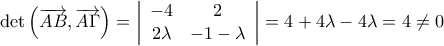 \displaystyle{\det \left( {\overrightarrow {AB} ,\overrightarrow {A\Gamma } } \right) = \left| {\begin{array}{*{20}{c}} 
{ - 4}&2\\ 
{2\lambda }&{ - 1 - \lambda } 
\end{array}} \right| = 4 + 4\lambda  - 4\lambda  = 4 \ne 0}