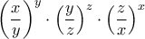 \displaystyle{{\left( {\frac{x}{y}} \right)^y} \cdot {\left( {\frac{y}{z}} \right)^z} \cdot {\left( {\frac{z}{x}} \right)^x}}