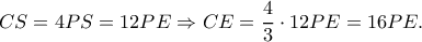 \displaystyle CS = 4PS = 12PE \Rightarrow CE = \frac{4}{3} \cdot 12PE = 16PE.