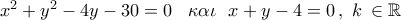 {x^2} + {y^2} - 4y - 30 = 0\,\,\,\,\,\kappa \alpha \iota \,\,\,\,x + y - 4 = 0\,,\,\,k\, \in \mathbb{R}