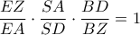 \displaystyle \frac{EZ}{EA}\cdot \frac{SA}{SD}\cdot \frac{BD}{BZ} = 1