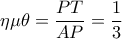 \eta \mu \theta =\dfrac{PT}{AP}=\dfrac{1}{3} \eta \mu \theta =\dfrac{PT}{AP}=\dfrac{1}{3}