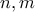 \displaystyle{n, m}