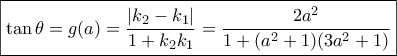 \boxed{\tan \theta  = g(a) = \frac{{|{k_2} - {k_1}|}}{{1 + {k_2}{k_1}}} = \frac{{2{a^2}}}{{1 + ({a^2} + 1)(3{a^2} + 1)}}}