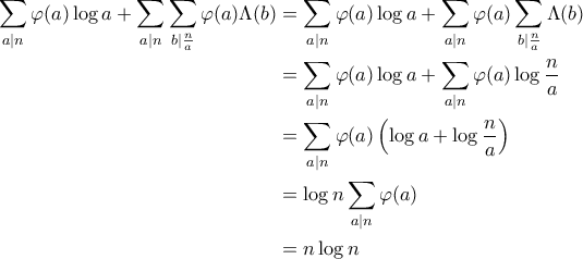 \displaystyle{\begin{aligned}  
\sum_{a \mid n} \varphi(a) \log a + \sum_{a \mid n} \sum_{b \mid \frac{n}{a}} \varphi(a) \Lambda (b) &= \sum_{a \mid n} \varphi(a) \log a +\sum_{a \mid n} \varphi(a) \sum_{b \mid \frac{n}{a}} \Lambda(b) \\  
&= \sum_{a \mid n} \varphi(a) \log a + \sum_{a \mid n} \varphi (a) \log \frac{n}{a} \\  
&= \sum_{a \mid n} \varphi(a) \left ( \log a + \log \frac{n}{a} \right ) \\  
&= \log n \sum_{a \mid n} \varphi(a) \\  
&= n \log n  
\end{aligned}}