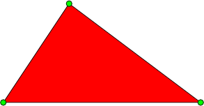 \begin{tikzpicture}[line cap=round,line join=round,>=triangle 45,x=1cm,y=1cm]\clip(-4.3,-2.6) rectangle (9.66,6.3);\fill[color=red,fill=red,fill opacity=0.1] (1,4) -- (-1,1) -- (5,1) -- cycle;\draw <span style="color:blue"> (1,4)-- (-1,1);\draw <span style="color:blue"> (-1,1)-- (5,1);\draw <span style="color:blue"> (5,1)-- (1,4);\begin{scriptsize}\draw [fill=green] (1,4) circle (2.5pt);\draw [fill=green] (-1,1) circle (2.5pt);\draw [fill=green] (5,1) circle (2.5pt);\end{scriptsize}\end{tikzpicture}