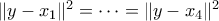 \|y-x_1\|^2 = \cdots = \|y-x_4\|^2
