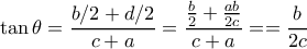 \displaystyle{\tan \theta =\dfrac {b/2 +d/2}{c+a} = \dfrac {\frac {b}{2} +\frac {ab}{2c}}{c+a} = =\dfrac {b}{2c}} \displaystyle{\tan \theta =\dfrac {b/2 +d/2}{c+a} = \dfrac {\frac {b}{2} +\frac {ab}{2c}}{c+a} = =\dfrac {b}{2c}}