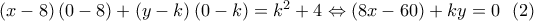 \left( {x - 8} \right)\left( {0 - 8} \right) + \left( {y - k} \right)\left( {0 - k} \right) = {k^2} + 4 \Leftrightarrow \left( {8x - 60} \right) + ky = 0\,\,\,\left( 2 \right)