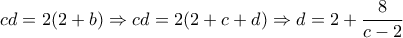 \displaystyle{cd=2(2+b)\Rightarrow cd=2(2+c+d)\Rightarrow d=2+\frac{8}{c-2}}