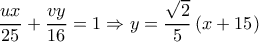\dfrac{{ux}}{{25}} + \dfrac{{vy}}{{16}} = 1 \Rightarrow y = \dfrac{{\sqrt 2 }}{5}\left( {x + 15} \right)