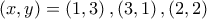 \displaystyle{\left(x, y\right)=\left(1, 3\right), \left(3, 1\right), \left(2, 2\right)}