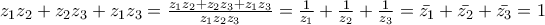 z_{1}z_{2}+z_{2}z_{3}+z_{1}z_{3}= 
\frac{z_{1}z_{2}+z_{2}z_{3}+z_{1}z_{3}}{z_{1}z_{2}z_{3}}= 
\frac{1}{z_{1}}+\frac{1}{z_{2}}+\frac{1}{z_{3}}= 
\bar{z_{1}}+\bar{z_{2}}+\bar{z_{3}}=1