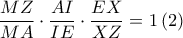 \displaystyle \frac{MZ}{MA}\cdot \frac{AI}{IE}\cdot \frac{EX}{XZ}=1\left ( 2\right ) \displaystyle \frac{MZ}{MA}\cdot \frac{AI}{IE}\cdot \frac{EX}{XZ}=1\left ( 2\right )