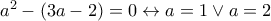 a^2-(3a-2)=0\leftrightarrow a=1 \vee a=2