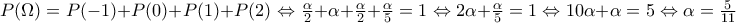 P(\Omega )=P(-1)+P(0)+P(1)+P(2)\Leftrightarrow \frac{\alpha }{2}+\alpha +\frac{\alpha }{2}+\frac{\alpha }{5}=1\Leftrightarrow 2\alpha +\frac{\alpha }{5}=1\Leftrightarrow 10\alpha +\alpha =5\Leftrightarrow \alpha =\frac{5}{11}
