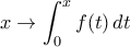 \displaystyle{x\to \int_{0}^{x}f(t)\,dt}