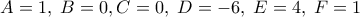 A=1, \; B=0, C=0, \; D=-6, \; E=4, \; F=1