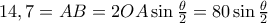 14,7=AB=2OA\sin \frac {\theta}{2}= 80\sin \frac {\theta}{2}