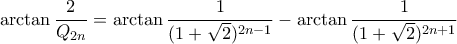 \arctan \dfrac{2}{Q_{2n}} = \arctan \dfrac{1}{(1+\sqrt 2)^{2n-1}} -  \arctan \dfrac{1}{(1+\sqrt 2)^{2n+1}} 