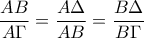 \displaystyle\frac{AB}{A\Gamma}=\frac{A\Delta}{AB}=\frac{B\Delta}{B\Gamma} \displaystyle\frac{AB}{A\Gamma}=\frac{A\Delta}{AB}=\frac{B\Delta}{B\Gamma}