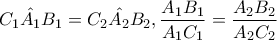 \hat{C_{1}A_{1}B_{1}}=\hat{C_{2}A_{2}B_{2}},\dfrac{A_{1}B_{1}}{A_{1}C_{1}}=\dfrac{A_{2}B_{2}}{A_{2}C_{2}}