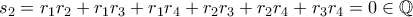 s_{2} = r_{1} r_{2} + r_{1} r_{3} + r_{1} r_{4} + r_{2} r_{3} + r_{2} r_{4} + r_{3} r_{4} = 0 \in \mathbb{Q}