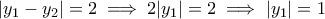 \displaystyle{ |y_1-y_2| = 2 \implies 2|y_1| = 2\implies |y_1|= 1 }
