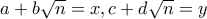 a+b\sqrt{n} = x, c + d\sqrt{n} = y