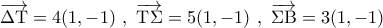 \overrightarrow {\Delta {\rm T}}  = 4(1, - 1)\,\,,\,\,\overrightarrow {{\rm T}\Sigma }  = 5(1, - 1)\,\,,\,\,\overrightarrow {\Sigma {\rm B}}  = 3(1, - 1)