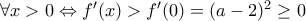 \forall x> 0 \Leftrightarrow f'(x)>f'(0)=(a-2)^2\geq0